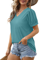 Geifa Womens Summer Tops Puff Short Sleeve V Neck T Shirts Loose Casual Tshirts