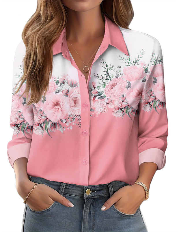 Zeagoo Button Down Shirts for Women Dressy Floral Printed Long Sleeve Blouse Business Casual Work Tops
