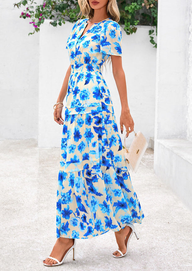 PRETTYGARDEN Women's 2025 Summer Boho Maxi Dresses Floral Short Sleeve V Neck A Line Tiered Flowy Long Beach Vacation Dress (White Pink Floral,Large)