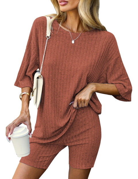 Ekouaer Pajamas 2 Piece Lounge Sets Ribbed Knit Matching Outfits T-shirt Biker Shorts Sleepwear Loungewear Sweatsuits