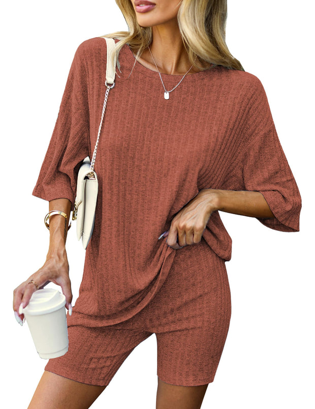 Ekouaer Pajamas 2 Piece Lounge Sets Ribbed Knit Matching Outfits T-shirt Biker Shorts Sleepwear Loungewear Sweatsuits