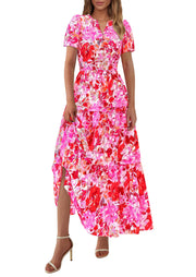 PRETTYGARDEN Women's 2025 Summer Boho Maxi Dresses Floral Short Sleeve V Neck A Line Tiered Flowy Long Beach Vacation Dress (White Pink Floral,Large)
