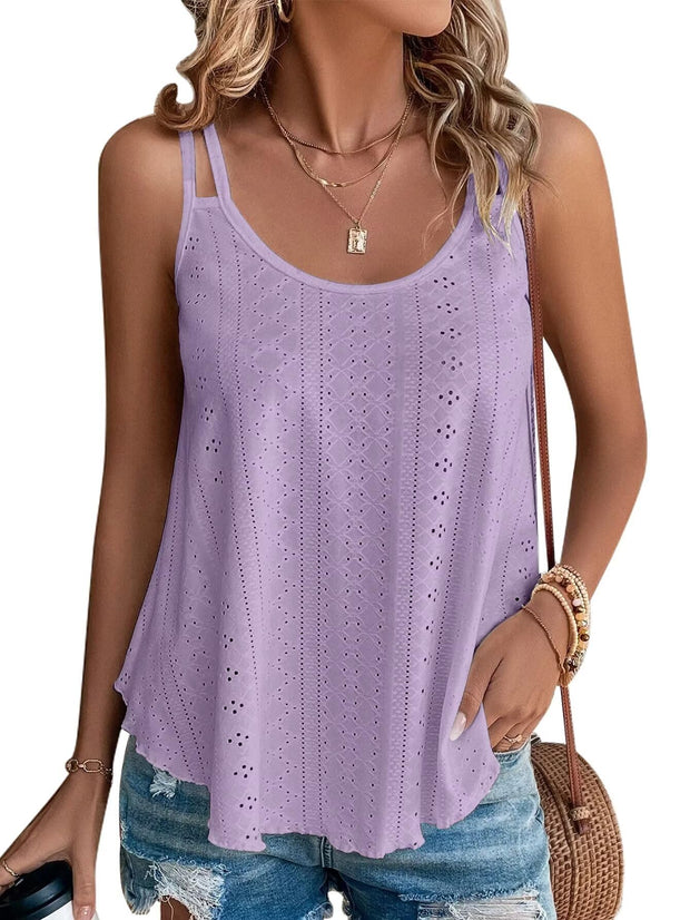 KKJ Womens Cute Tank Tops Eyelet Sleeveless Spaghetti Strap Scoop Neck Loose Casual 2025 Summer Beach Vacation Flowy Shirts