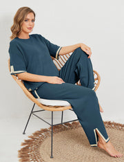 Tanming Sweater Sets Women 2 Piece Lounge Sets Short Sleeve Knit Pullover Tops Wide Leg Pants