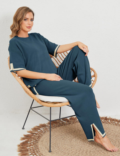 Tanming Sweater Sets Women 2 Piece Lounge Sets Short Sleeve Knit Pullover Tops Wide Leg Pants