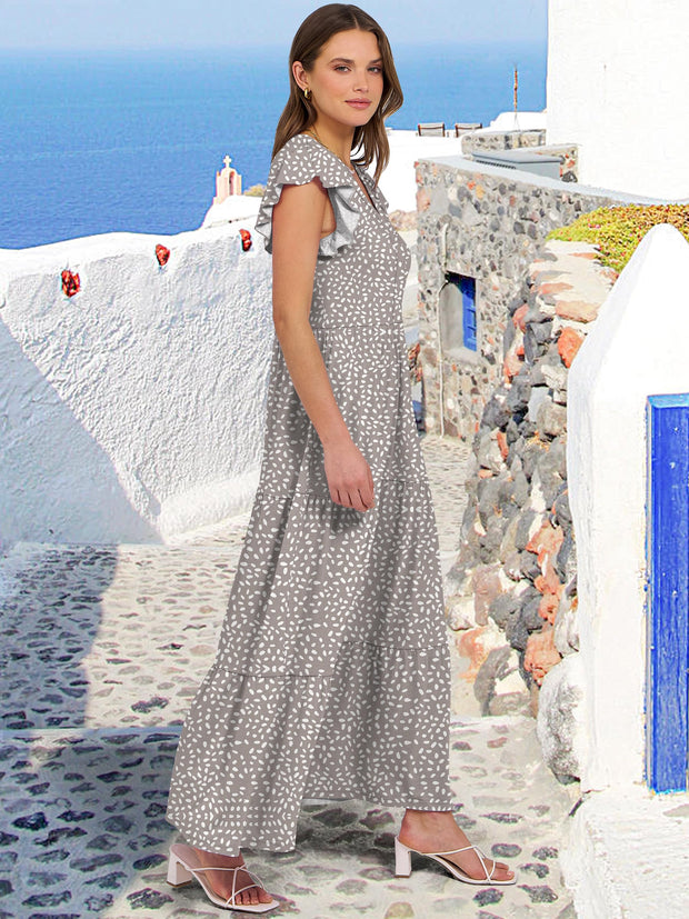 ANRABESS Womens Summer Casual Maxi Dress V Neck Ruffle Sleeve Long Dresses Fashion Flowy Tiered Boho Beach Vacation Sundress Black Large