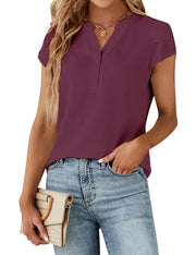 Blooming Jelly Women's Dressy Casual Tops Business Work Blouses White Button Down Shirts Cap Sleeve V Neck Tshirt