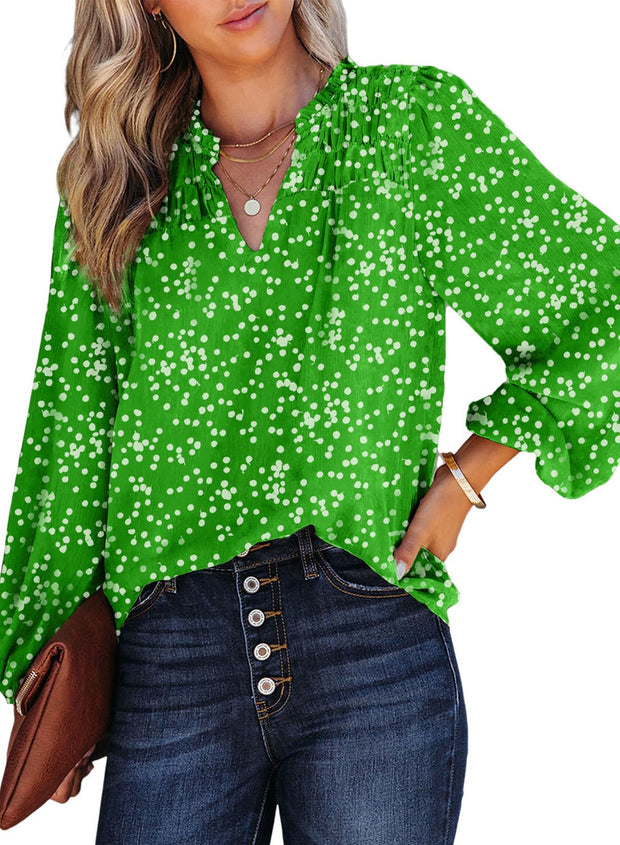 Dokotoo Women's Casual V Neck Alicia Floral Print Smocked Long Sleeve Chiffon Blouses Bohemian Top Shirts
