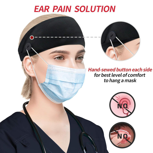 ABAMERICA Headbands with Button for Mask, Wide Nurses Headbands Non Slip Elastic Ear Protection for Women Men Doctors Sweatband Headband (BUTTON- 1 PACK COLOR05)