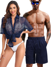 LecGee Men Summer Casual Short Sets Lace Short Sleeve Button Down Shirt Elastic Waist Shorts 2 Piece Outfits Tracksuit