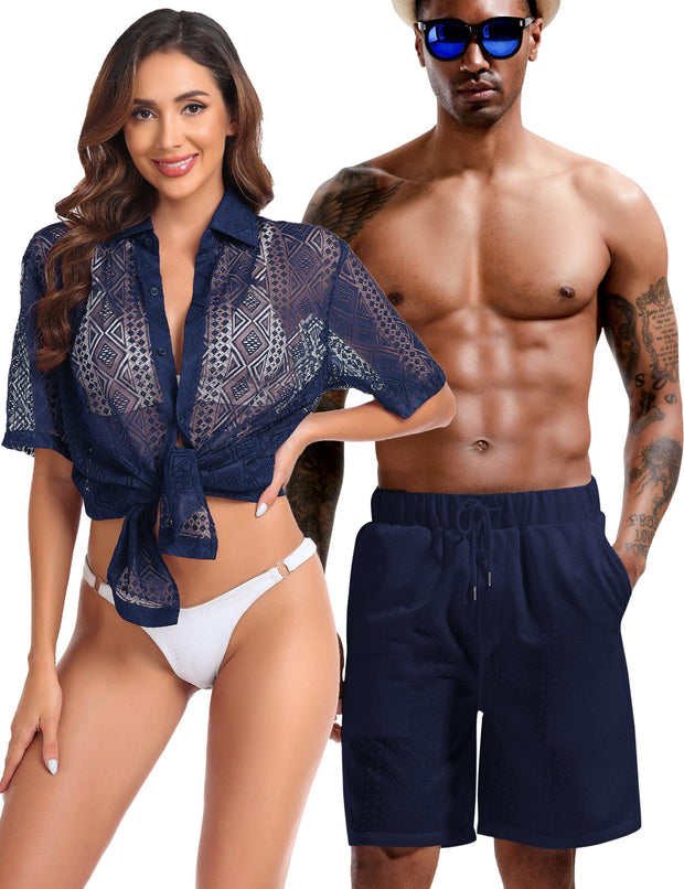 LecGee Men Summer Casual Short Sets Lace Short Sleeve Button Down Shirt Elastic Waist Shorts 2 Piece Outfits Tracksuit