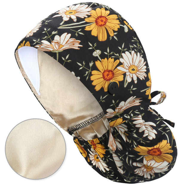 QBA Adjustable Working Cap with Button, Satin-Lined Hat, Cotton Working Hat Sweatband, Elastic Tie Back Hats Unisex