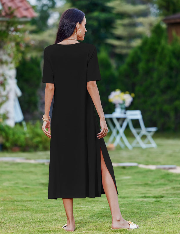 Zeagoo Women Long Sun Dress Summer T Shirt Dresses Beach Dress Casual Short Sleeve Tropical O Neck A Line Maxi Dresses Loose Side Slit Cover Up with Pockets 2025 Black XXL