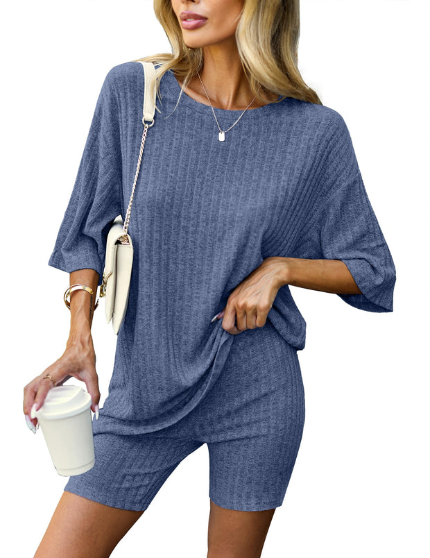 Ekouaer Pajamas 2 Piece Lounge Sets Ribbed Knit Matching Outfits T-shirt Biker Shorts Sleepwear Loungewear Sweatsuits