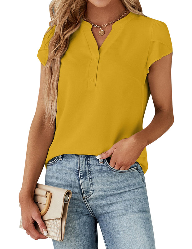 Blooming Jelly Women's Dressy Casual Tops Business Work Blouses White Button Down Shirts Cap Sleeve V Neck Tshirt