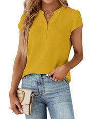 Blooming Jelly Women's Dressy Casual Tops Business Work Blouses White Button Down Shirts Cap Sleeve V Neck Tshirt