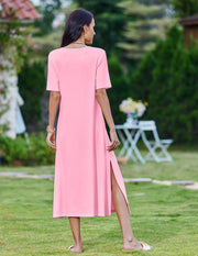 Zeagoo Women Long Sun Dress Summer T Shirt Dresses Beach Dress Casual Short Sleeve Tropical O Neck A Line Maxi Dresses Loose Side Slit Cover Up with Pockets 2025 Black XXL