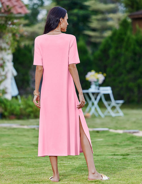 Zeagoo Women Long Sun Dress Summer T Shirt Dresses Beach Dress Casual Short Sleeve Tropical O Neck A Line Maxi Dresses Loose Side Slit Cover Up with Pockets 2025 Black XXL