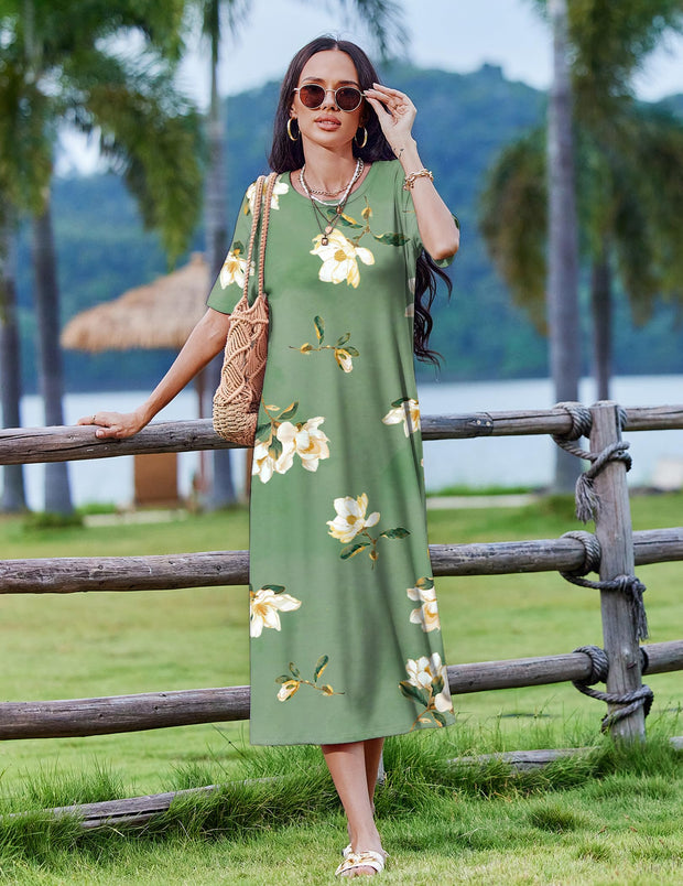 Zeagoo Women Long Sun Dress Summer T Shirt Dresses Beach Dress Casual Short Sleeve Tropical O Neck A Line Maxi Dresses Loose Side Slit Cover Up with Pockets 2025 Black XXL