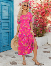 Zeagoo Women Long Sun Dress Summer T Shirt Dresses Beach Dress Casual Short Sleeve Tropical O Neck A Line Maxi Dresses Loose Side Slit Cover Up with Pockets 2025 Black XXL