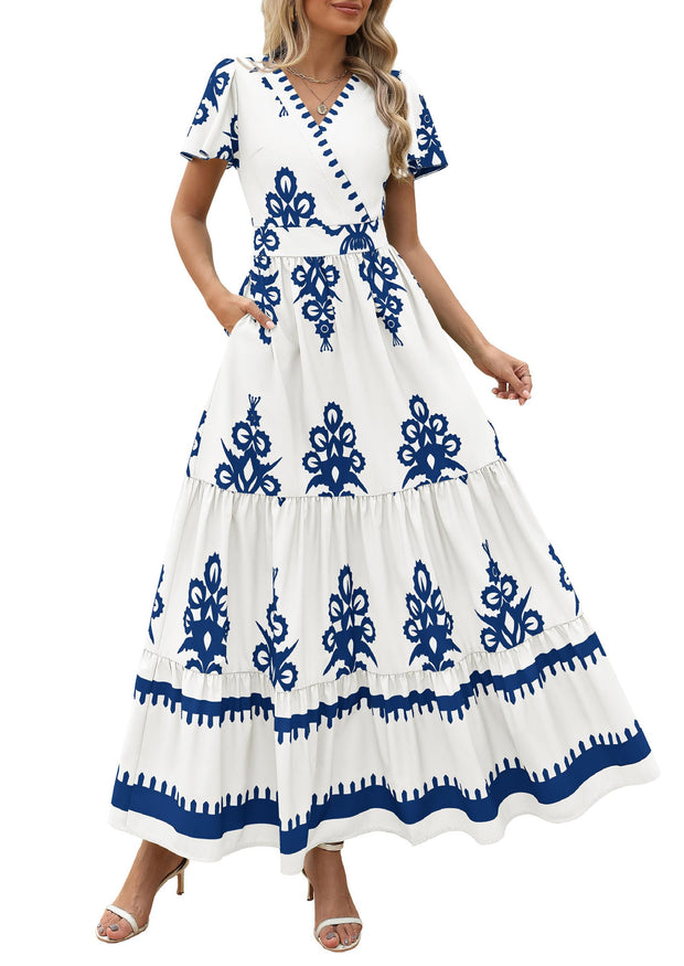 PRETTYGARDEN Womens 2025 Summer Casual V Neck Boho Maxi Dress Flowy Aline Bell Sleeve Tiered Floral Dresses with Pocket (Floral Apricot Black,X-Large)