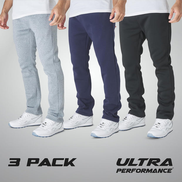 Ultra Performance 3 Pack Mens Fleece Wide Leg Sweatpants with Pockets, Open Bottom Workout Sweatpants for Men