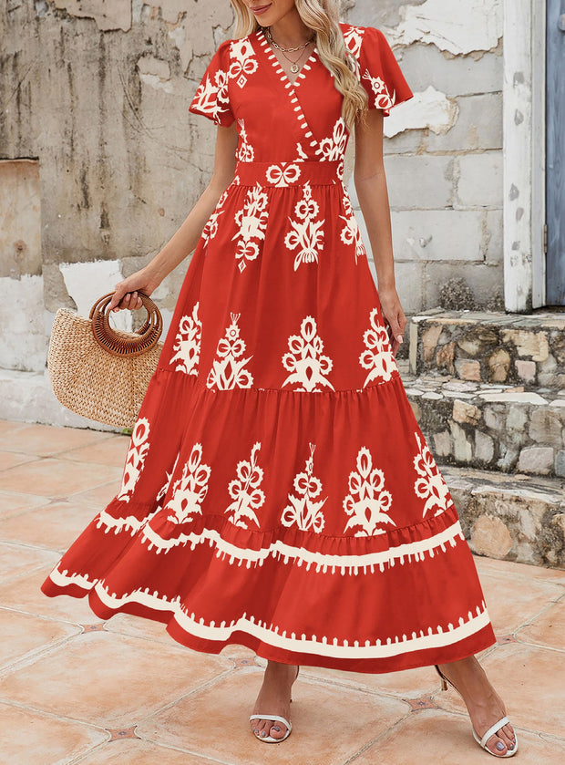 PRETTYGARDEN Womens 2025 Summer Casual V Neck Boho Maxi Dress Flowy Aline Bell Sleeve Tiered Floral Dresses with Pocket (Floral Apricot Black,X-Large)