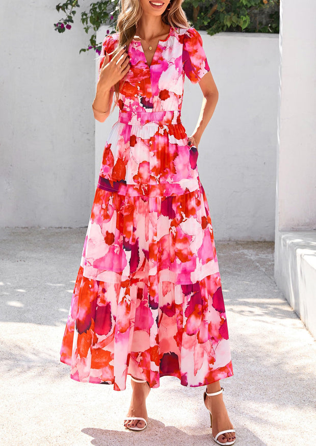 PRETTYGARDEN Women's 2025 Summer Boho Maxi Dresses Floral Short Sleeve V Neck A Line Tiered Flowy Long Beach Vacation Dress (White Pink Floral,Large)