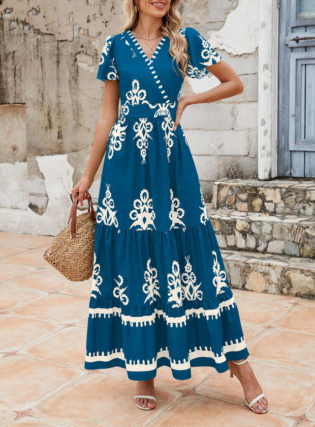 PRETTYGARDEN Womens 2025 Summer Casual V Neck Boho Maxi Dress Flowy Aline Bell Sleeve Tiered Floral Dresses with Pocket (Floral Apricot Black,X-Large)