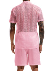LecGee Men Summer Casual Short Sets Lace Short Sleeve Button Down Shirt Elastic Waist Shorts 2 Piece Outfits Tracksuit