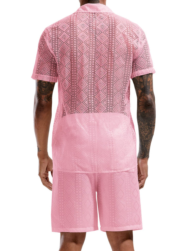 LecGee Men Summer Casual Short Sets Lace Short Sleeve Button Down Shirt Elastic Waist Shorts 2 Piece Outfits Tracksuit