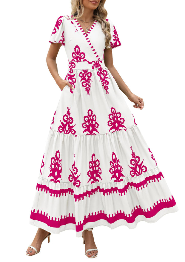 PRETTYGARDEN Womens 2025 Summer Casual V Neck Boho Maxi Dress Flowy Aline Bell Sleeve Tiered Floral Dresses with Pocket (Floral Apricot Black,X-Large)