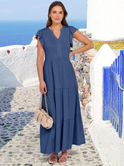 ANRABESS Womens Summer Casual Maxi Dress V Neck Ruffle Sleeve Long Dresses Fashion Flowy Tiered Boho Beach Vacation Sundress Black Large