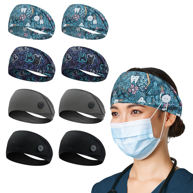 ABAMERICA Headbands with Button for Mask, Wide Nurses Headbands Non Slip Elastic Ear Protection for Women Men Doctors Sweatband Headband (BUTTON- 1 PACK COLOR05)