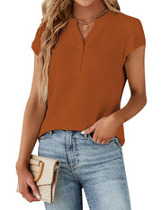 Blooming Jelly Women's Dressy Casual Tops Business Work Blouses White Button Down Shirts Cap Sleeve V Neck Tshirt