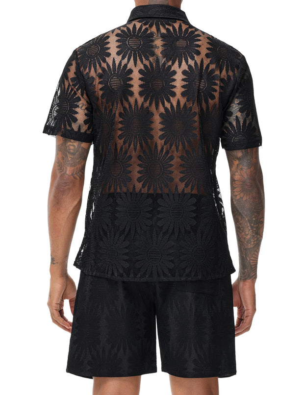 LecGee Men Summer Casual Short Sets Lace Short Sleeve Button Down Shirt Elastic Waist Shorts 2 Piece Outfits Tracksuit