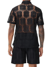 LecGee Men Summer Casual Short Sets Lace Short Sleeve Button Down Shirt Elastic Waist Shorts 2 Piece Outfits Tracksuit