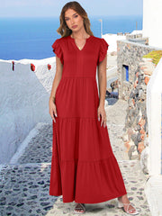 ANRABESS Womens Summer Casual Maxi Dress V Neck Ruffle Sleeve Long Dresses Fashion Flowy Tiered Boho Beach Vacation Sundress Black Large