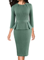 VFSHOW Womens Pleated Crew Neck Peplum Work Business Office Bodycon Pencil Sheath Dress