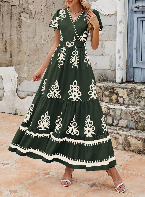 PRETTYGARDEN Womens 2025 Summer Casual V Neck Boho Maxi Dress Flowy Aline Bell Sleeve Tiered Floral Dresses with Pocket (Floral Apricot Black,X-Large)