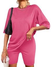 Ekouaer Pajamas 2 Piece Lounge Sets Ribbed Knit Matching Outfits T-shirt Biker Shorts Sleepwear Loungewear Sweatsuits