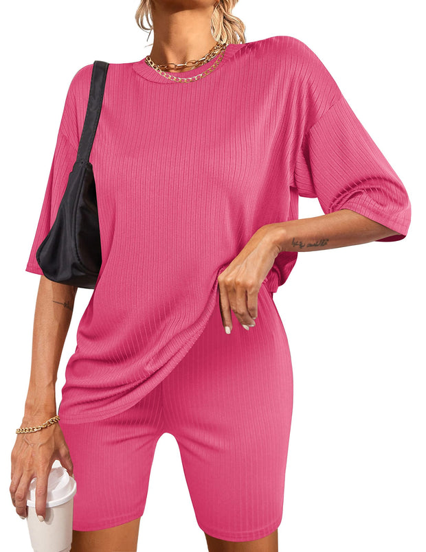Ekouaer Pajamas 2 Piece Lounge Sets Ribbed Knit Matching Outfits T-shirt Biker Shorts Sleepwear Loungewear Sweatsuits