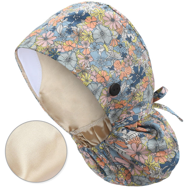 QBA Adjustable Working Cap with Button, Satin-Lined Hat, Cotton Working Hat Sweatband, Elastic Tie Back Hats Unisex