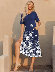 Zeagoo Women Long Sun Dress Summer T Shirt Dresses Beach Dress Casual Short Sleeve Tropical O Neck A Line Maxi Dresses Loose Side Slit Cover Up with Pockets 2025 Black XXL