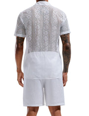LecGee Men Summer Casual Short Sets Lace Short Sleeve Button Down Shirt Elastic Waist Shorts 2 Piece Outfits Tracksuit