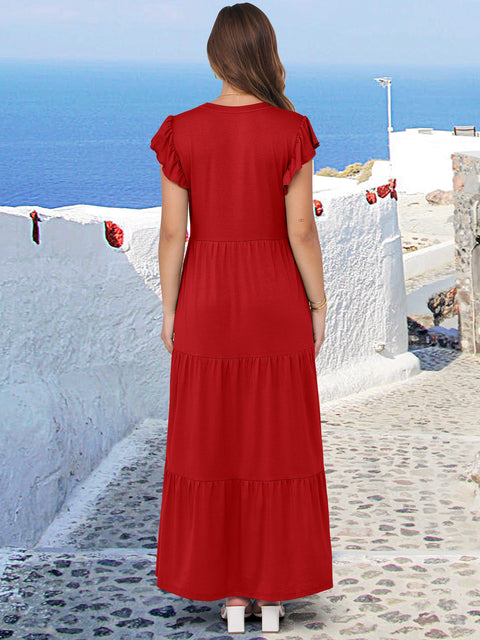 ANRABESS Womens Summer Casual Maxi Dress V Neck Ruffle Sleeve Long Dresses Fashion Flowy Tiered Boho Beach Vacation Sundress Black Large