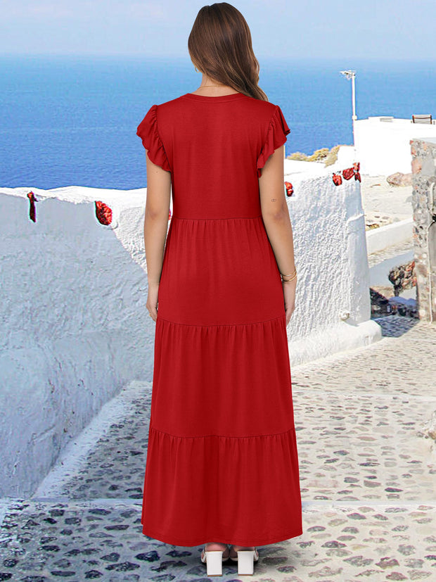 ANRABESS Womens Summer Casual Maxi Dress V Neck Ruffle Sleeve Long Dresses Fashion Flowy Tiered Boho Beach Vacation Sundress Black Large