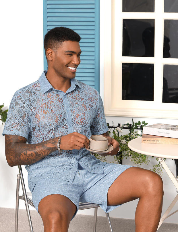 LecGee Men Summer Casual Short Sets Lace Short Sleeve Button Down Shirt Elastic Waist Shorts 2 Piece Outfits Tracksuit