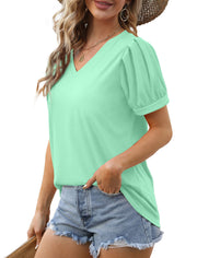 Geifa Womens Summer Tops Puff Short Sleeve V Neck T Shirts Loose Casual Tshirts