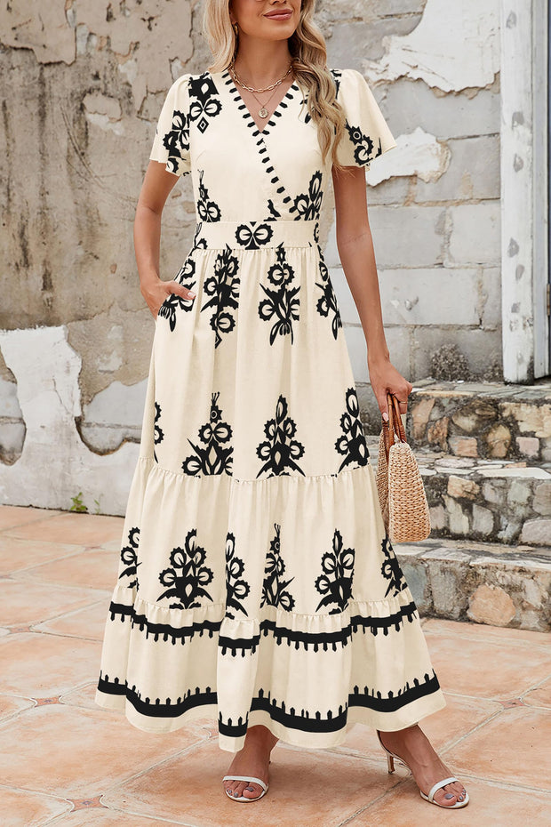 PRETTYGARDEN Womens 2025 Summer Casual V Neck Boho Maxi Dress Flowy Aline Bell Sleeve Tiered Floral Dresses with Pocket (Floral Apricot Black,X-Large)